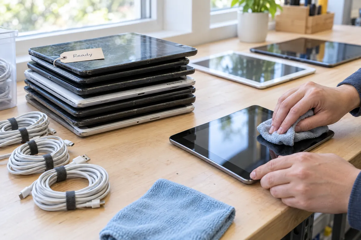 Used tablets stacked on a workbench while one is cleaned, with a tag that reads Ready
