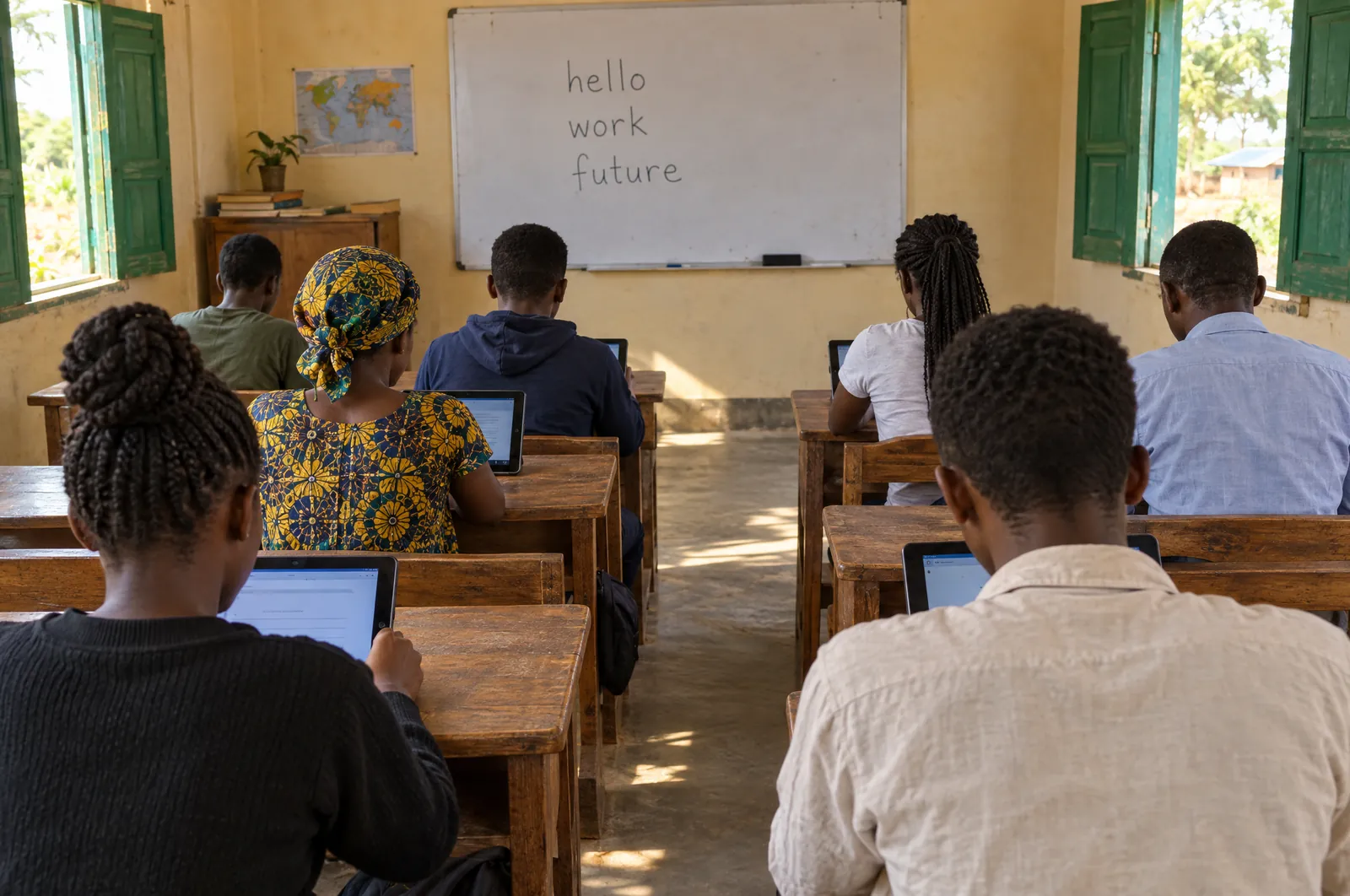 Students at wooden desks with tablets, seen from the back of a simple classroom; the whiteboard reads hello, work, future