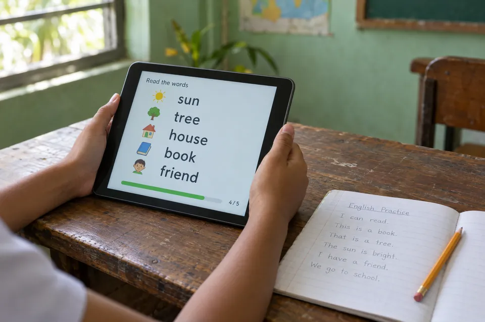 Hands holding a tablet showing an English reading lesson, beside a notebook of handwritten practice sentences