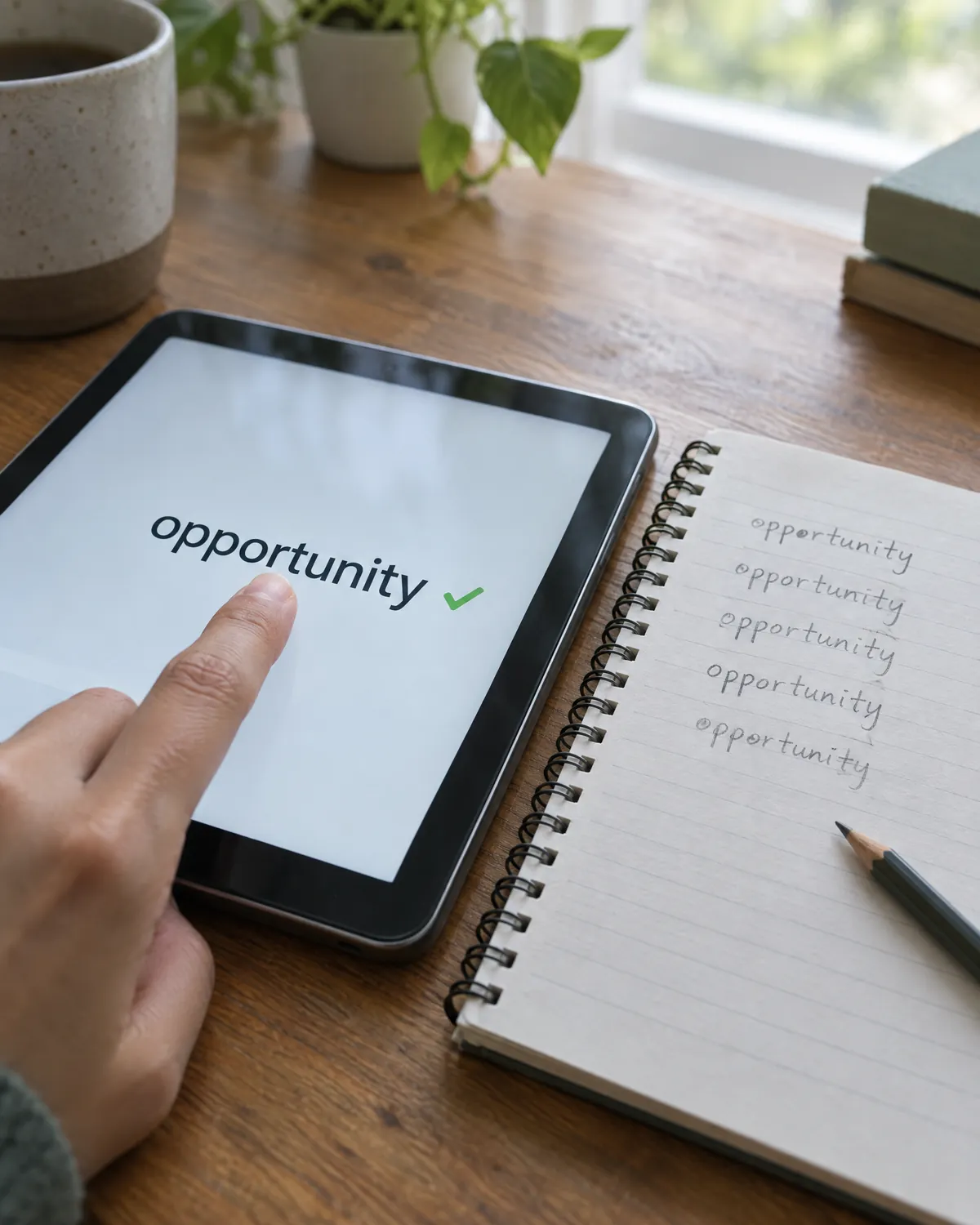 A fingertip on a tablet showing the word opportunity, beside a notebook where the word is handwritten